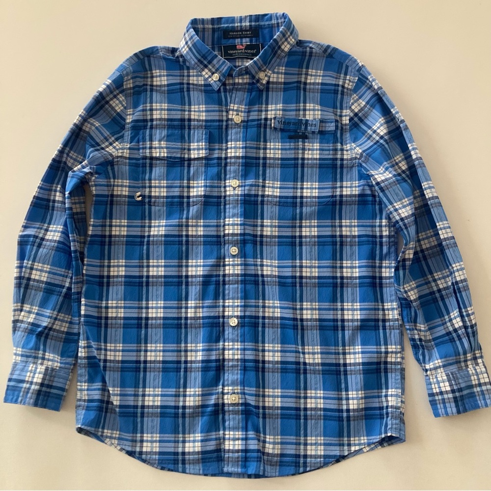 Vineyard Vines Performance Boys 7 Blue Plaid Harbor Shirt Whale